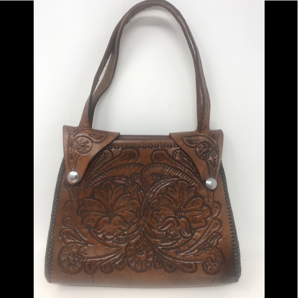 Vintage Tooled Leather Brown Shoulder Bag